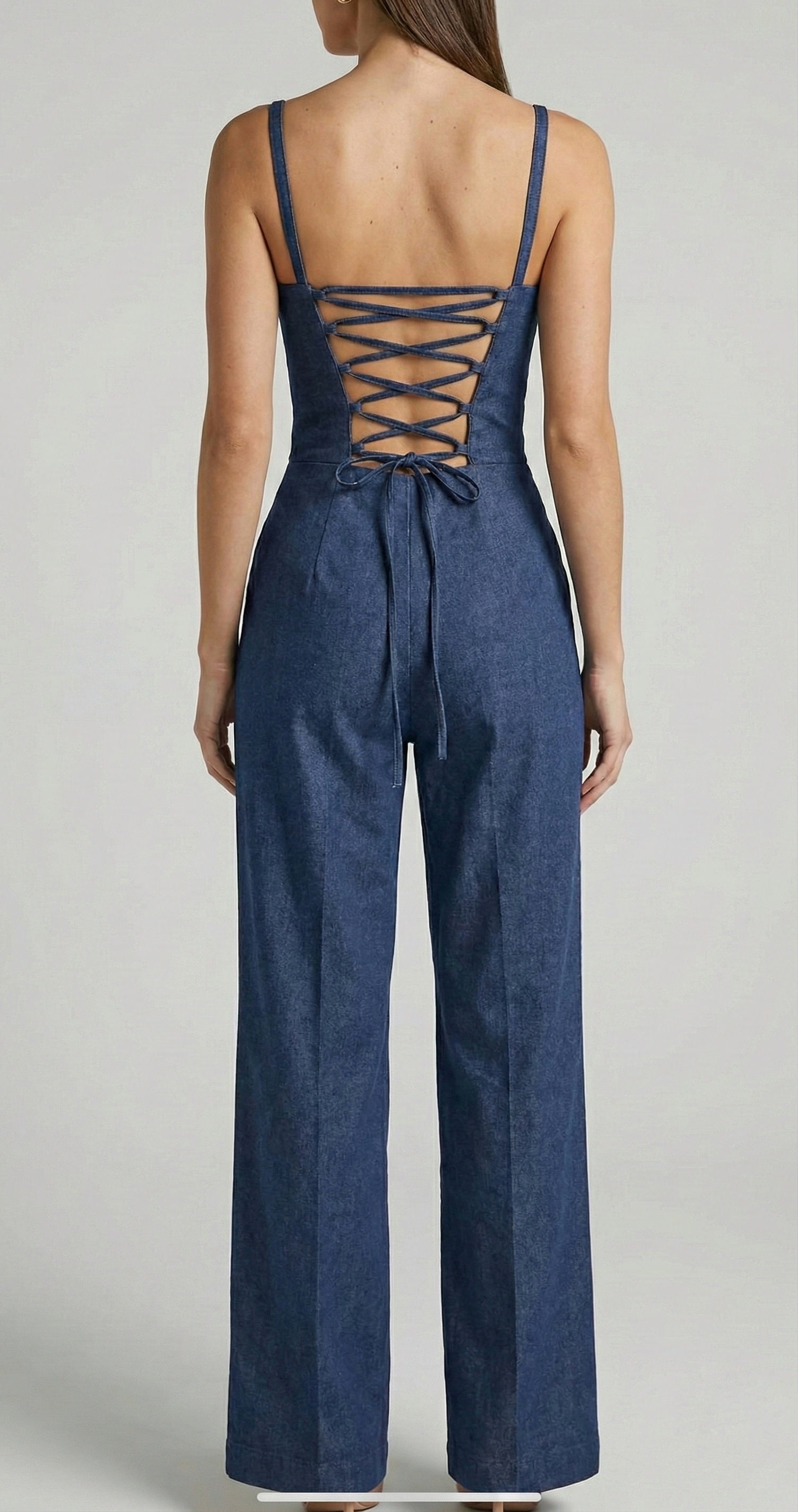 Denim Lace-Up Back Wide-Leg Jumpsuit