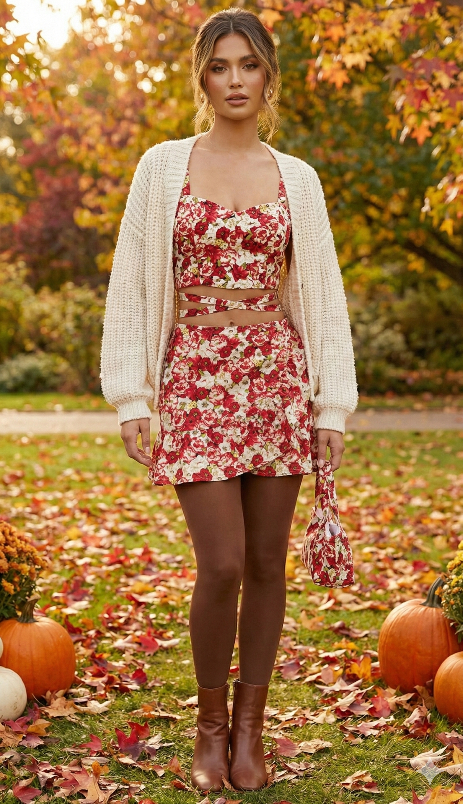 Red Bloom 2-Piece Floral Skirt Set with Crop Top & Matching Bag