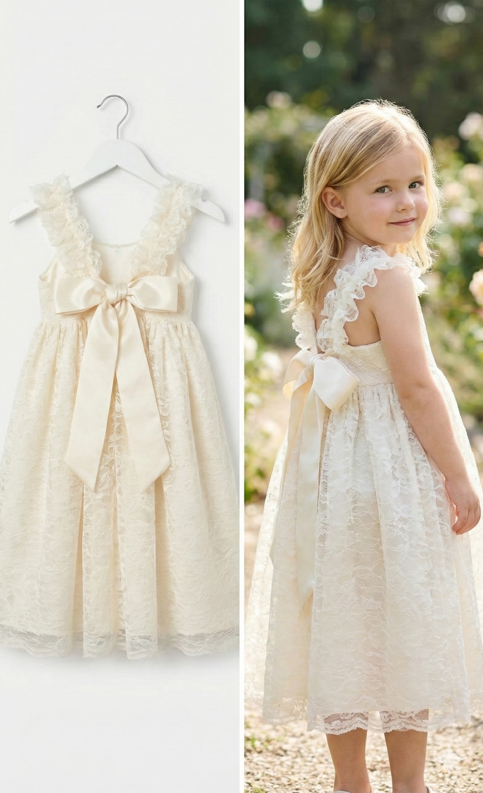 Ivory Lace Ruffle Strap Flower Girl Dress with Satin Bow