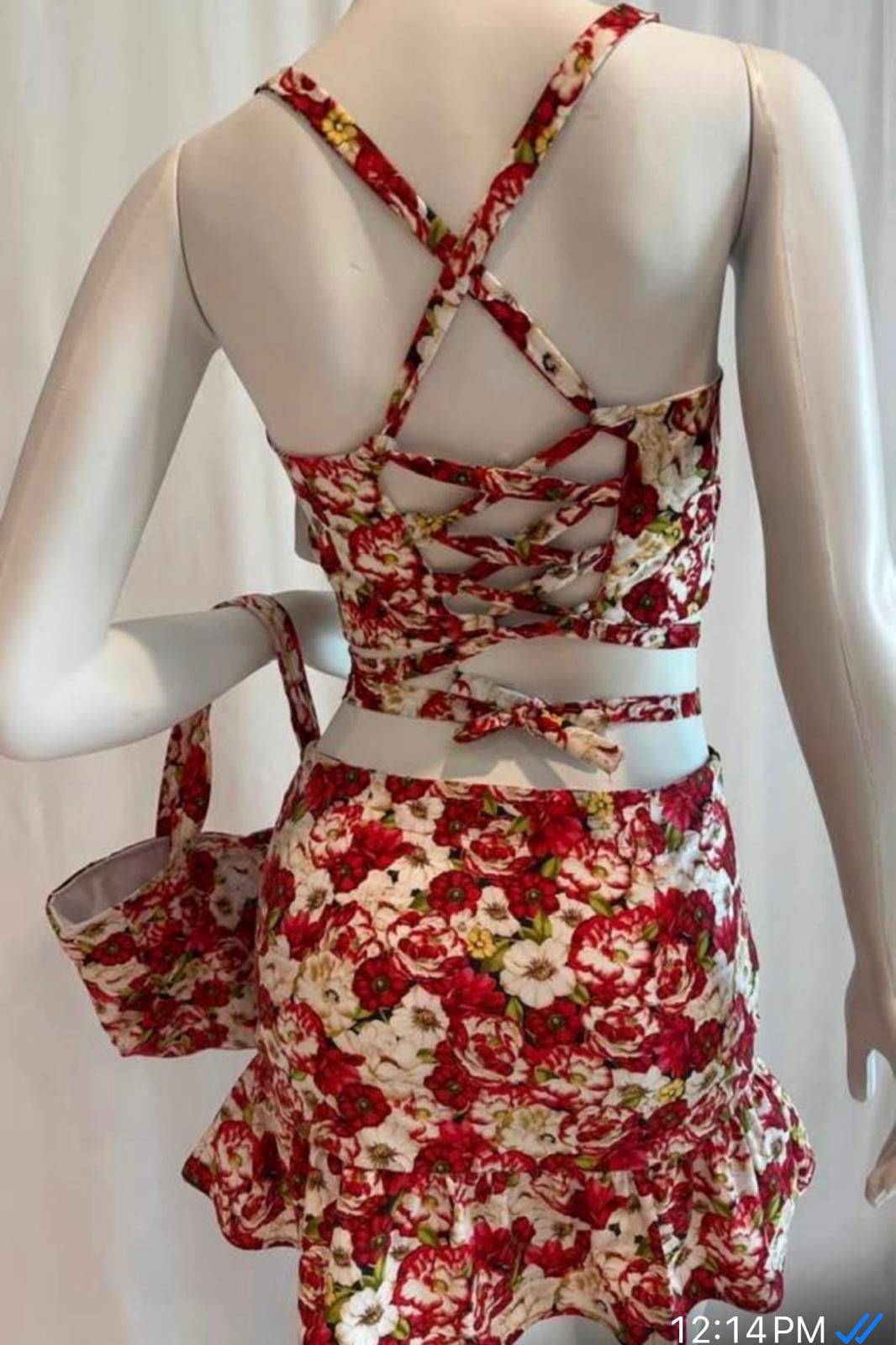 Red Bloom 2-Piece Floral Skirt Set with Crop Top & Matching Bag