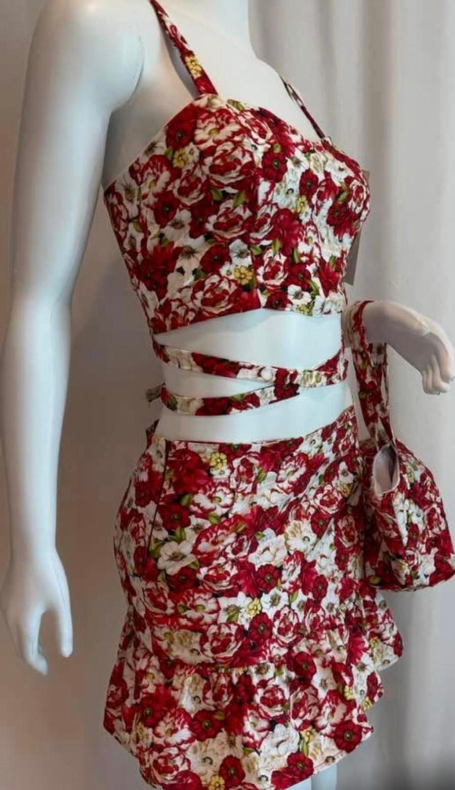 Red Bloom 2-Piece Floral Skirt Set with Crop Top & Matching Bag