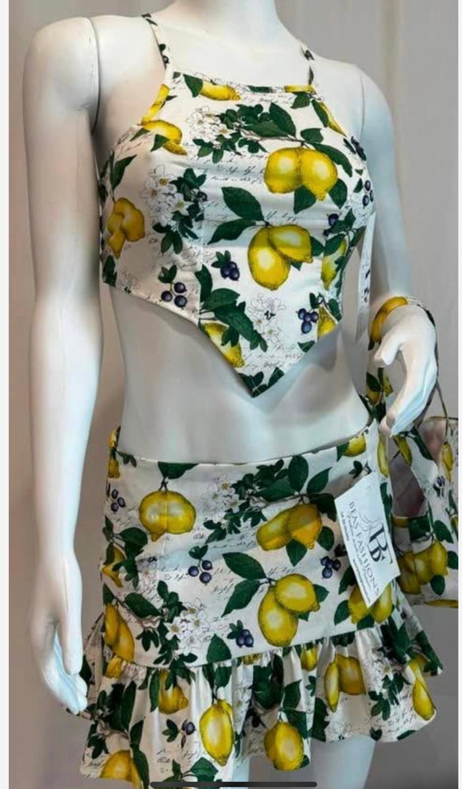 Lemon Blossom 2-Piece Skirt Set with Matching Crop Top & Bag