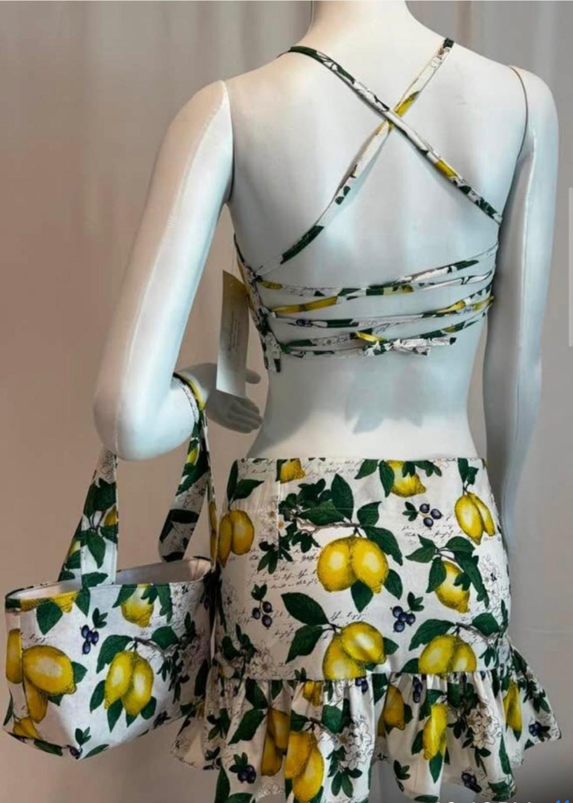 Lemon Blossom 2-Piece Skirt Set with Matching Crop Top & Bag
