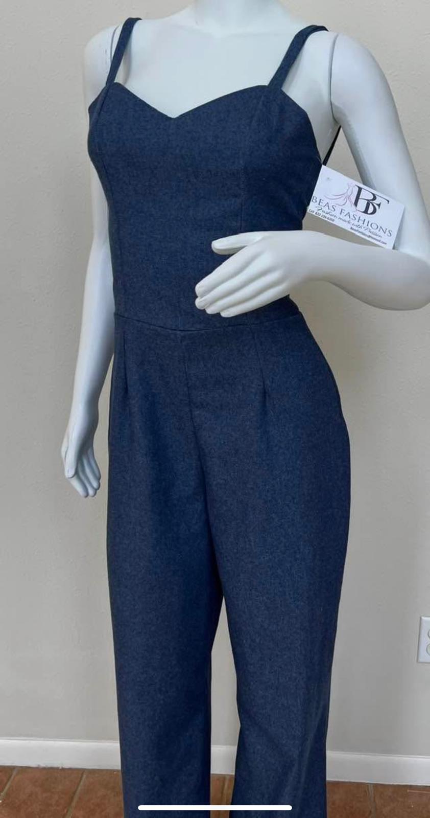 Denim Lace-Up Back Wide-Leg Jumpsuit