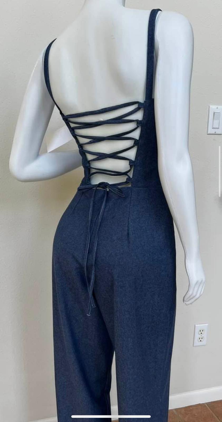 Denim Lace-Up Back Wide-Leg Jumpsuit