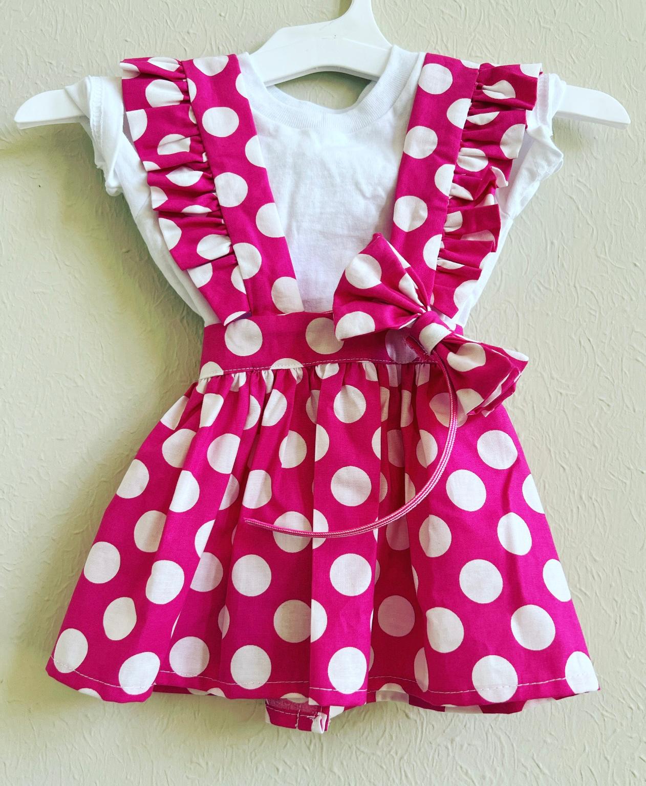 Pink Polka Dot Ruffle Skirt Dress Set with White Tee & Matching Headband