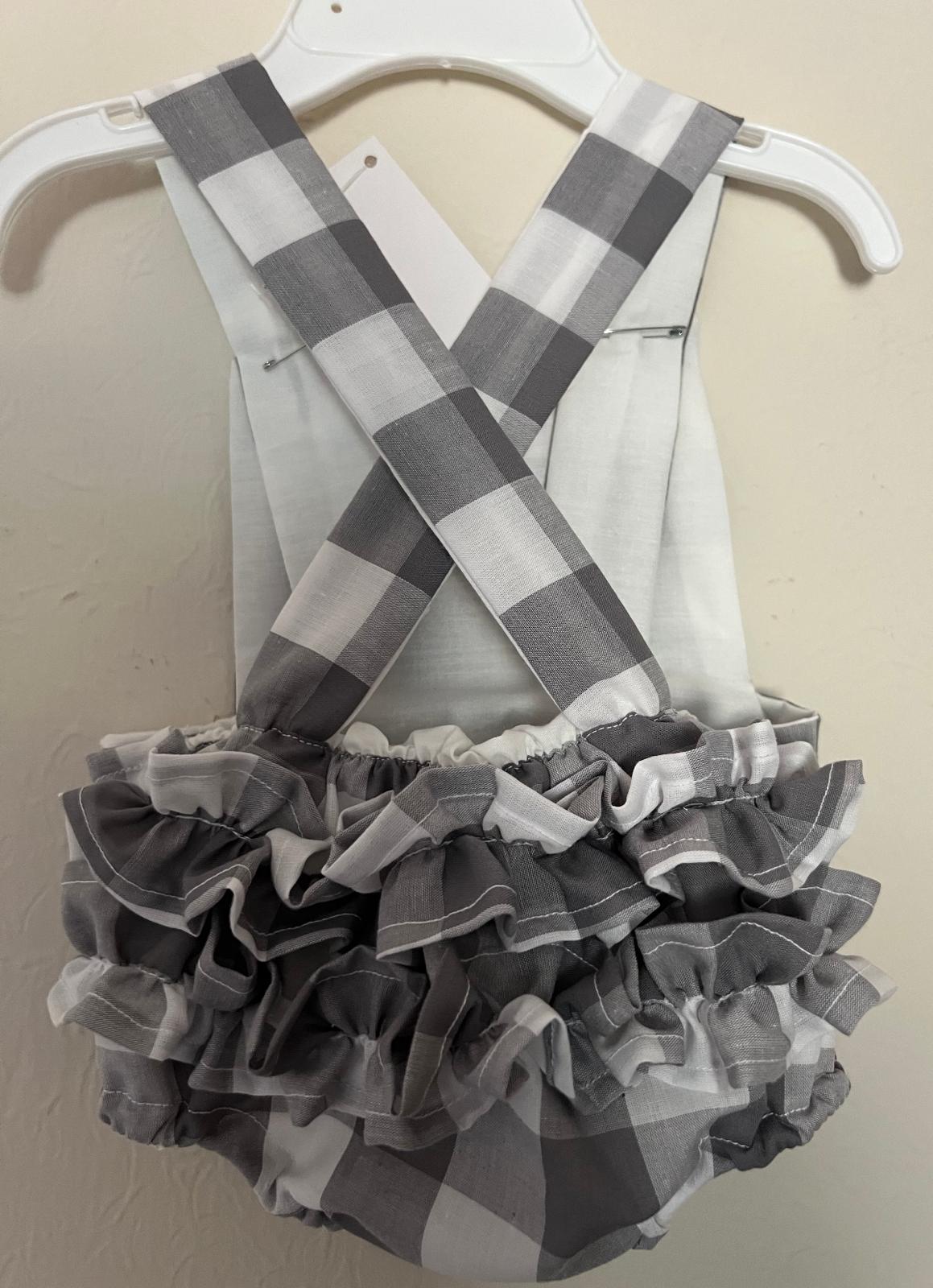 Gingham Ruffle Bum Baby Romper with Cartoon Patch