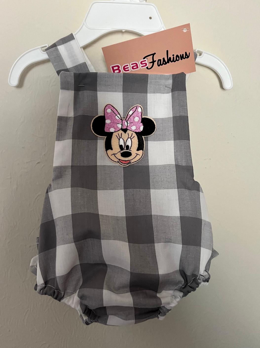 Gingham Ruffle Bum Baby Romper with Cartoon Patch