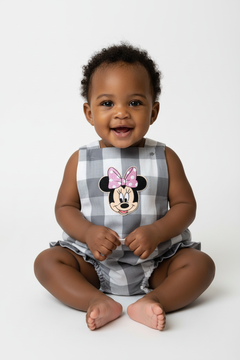 Gingham Ruffle Bum Baby Romper with Cartoon Patch