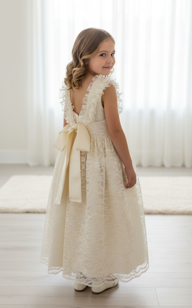 Ivory Lace Ruffle Strap Flower Girl Dress with Satin Bow