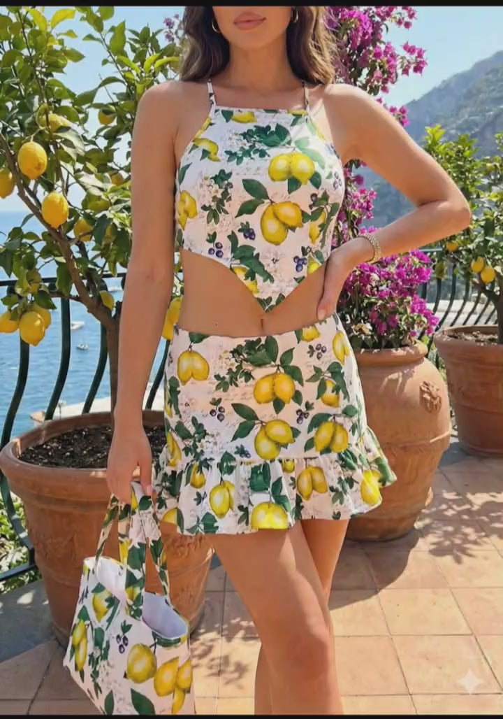 Lemon Blossom 2-Piece Skirt Set with Matching Crop Top & Bag